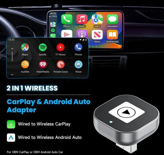 Alt view image 2 of 7 - 2 in 1 Mini Wireless CarPlay Adapter, Plug & Plug Auto Connect No Delay, Converts Wired to Wireless for Cars from 2017+, Android Auto Wireless Adapter for iPhone iOS 10+ /Android 11