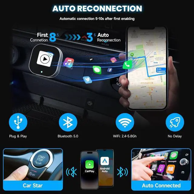 Alt view image 6 of 7 - 2 in 1 Mini Wireless CarPlay Adapter, Plug & Plug Auto Connect No Delay, Converts Wired to Wireless for Cars from 2017+, Android Auto Wireless Adapter for iPhone iOS 10+ /Android 11