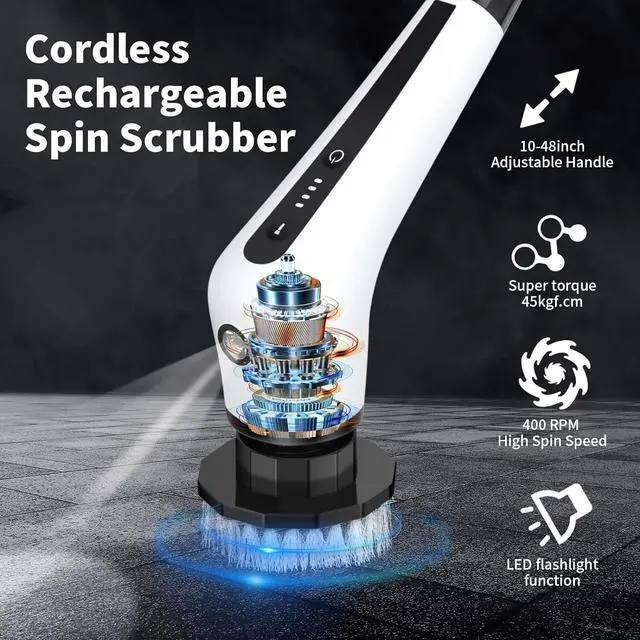 Alt view image 7 of 7 - Electric Spin Scrubber, Cordless Spin Scrubber with Light, Adjustable Extension Handle for Bathtub Grout Tile Floor with 10 Replaceable Cleaner Brush
