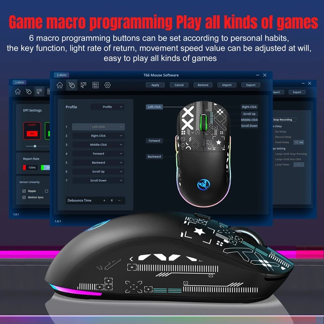 Alt view image 3 of 7 - Wirelss Gaming Mouse,Tri-Mode 2.4G/Bluetooth/USB-C Rechargeable Computer Mice with Silent,6 Macro Buttons,Ergonomic Design,Adjustable DPI,6 RGB LED Modes for PC/Mac/Laptop