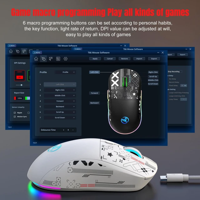 Alt view image 7 of 7 - Wirelss Gaming Mouse,Tri-Mode 2.4G/Bluetooth/USB-C Rechargeable Computer Mice with Silent,6 Macro Buttons,Ergonomic Design,Adjustable DPI,6 RGB LED Modes for PC/Mac/Laptop