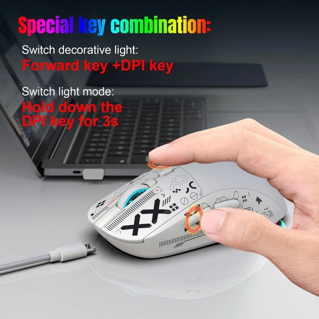 Alt view image 4 of 7 - Wirelss Gaming Mouse,Tri-Mode 2.4G/Bluetooth/USB-C Rechargeable Computer Mice with Silent,6 Macro Buttons,Ergonomic Design,Adjustable DPI,6 RGB LED Modes for PC/Mac/Laptop