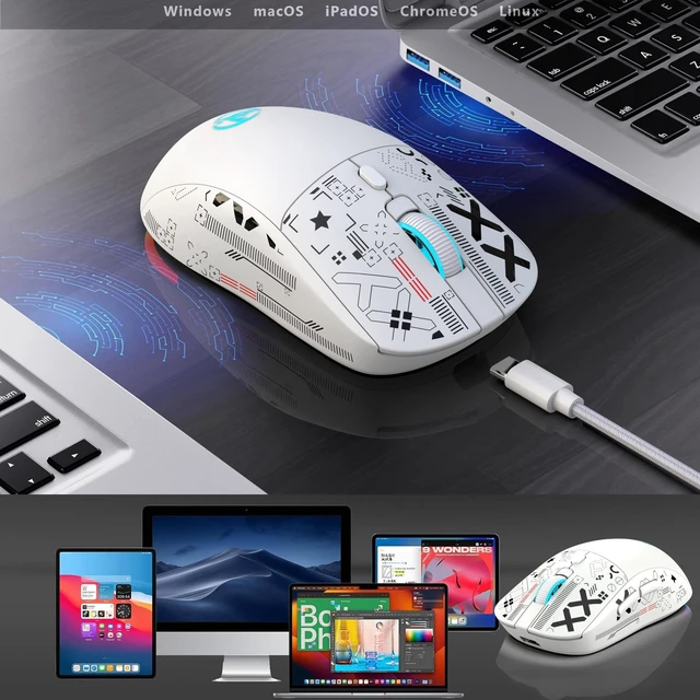 Alt view image 2 of 7 - Wirelss Gaming Mouse,Tri-Mode 2.4G/Bluetooth/USB-C Rechargeable Computer Mice with Silent,6 Macro Buttons,Ergonomic Design,Adjustable DPI,6 RGB LED Modes for PC/Mac/Laptop