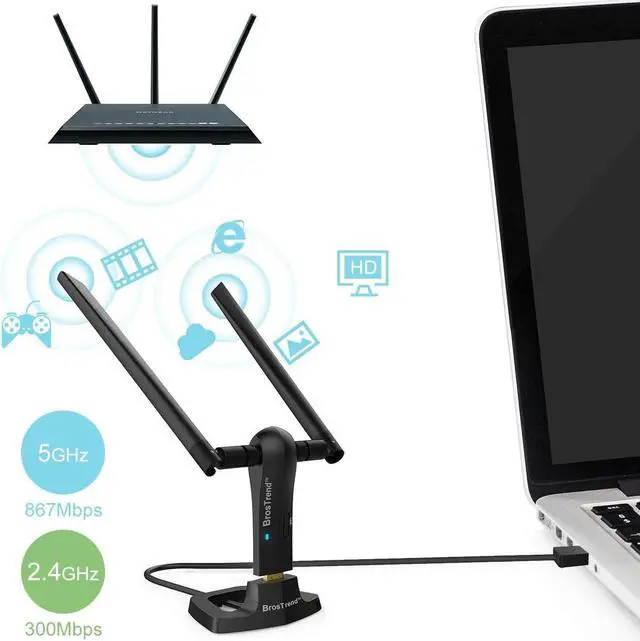Alt view image 2 of 7 - 1200Mbps Long Range USB WiFi Adapter for PC Desktop Laptop of Windows 11/10/8.1/8/7, Wireless Adapter Dual Band 2.4GHz 300Mbps + 5GHz 867Mbps, 2X 5dBi High Gain Antennas, USB 3.0 Cradle