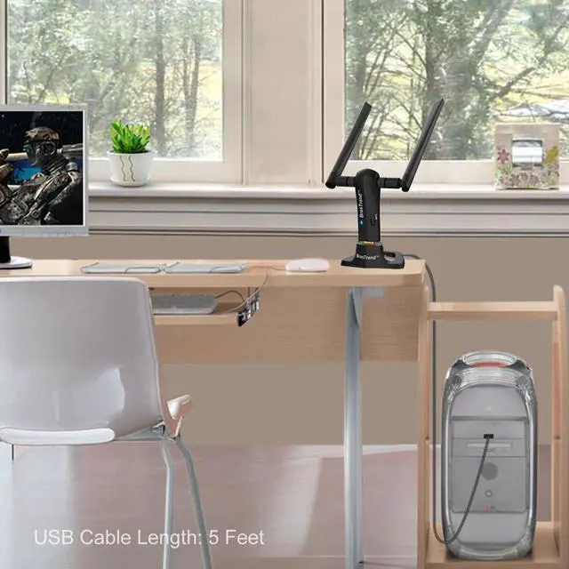 Alt view image 3 of 7 - 1200Mbps Long Range USB WiFi Adapter for PC Desktop Laptop of Windows 11/10/8.1/8/7, Wireless Adapter Dual Band 2.4GHz 300Mbps + 5GHz 867Mbps, 2X 5dBi High Gain Antennas, USB 3.0 Cradle