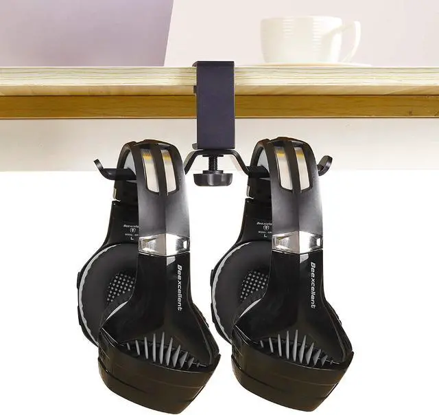 Alt view image 7 of 7 - Headset Hanger Dual Headphone Stand Under Desk, Universal PC Gaming Headset Stand, 360 Degree Rotating, Aluminum, Black