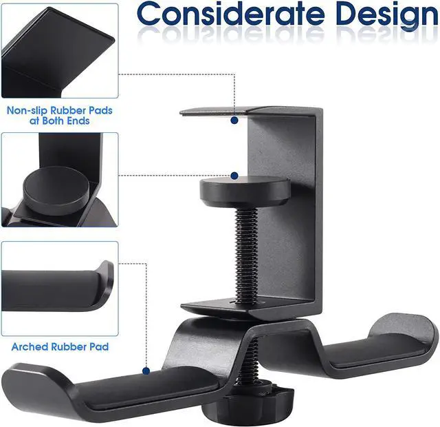 Alt view image 4 of 7 - Headset Hanger Dual Headphone Stand Under Desk, Universal PC Gaming Headset Stand, 360 Degree Rotating, Aluminum, Black