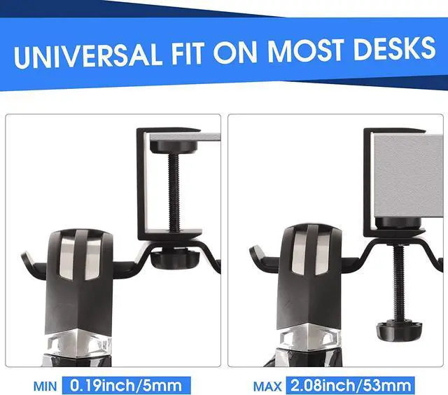 Alt view image 5 of 7 - Headset Hanger Dual Headphone Stand Under Desk, Universal PC Gaming Headset Stand, 360 Degree Rotating, Aluminum, Black