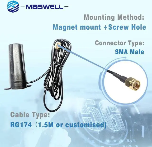 Alt view image 4 of 6 - Maswell Cellular Antenna 5G 4G WiFi6 Magnet and Screw Mount