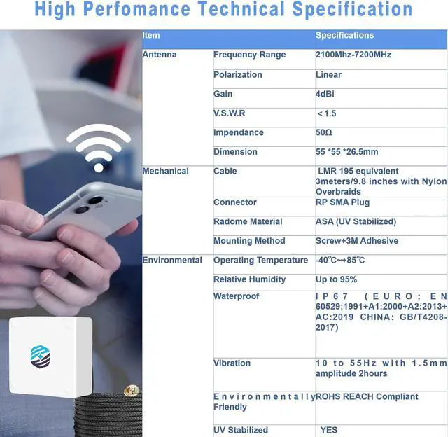 Alt view image 2 of 7 - Maswell IP67 Waterproof High Gain WiFi 6E Antenna Screw and 3M Adhesive Mount 2.1GHz-7.2GHz UV Stabilized