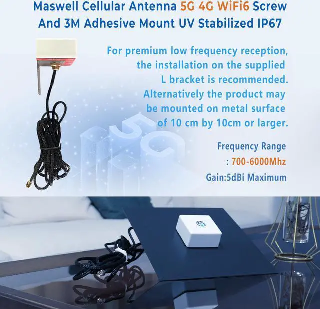 Alt view image 6 of 7 - Maswell Cellular Antenna 700MHz-6000Mhz 5G 4G WiFi6 Screw And 3M Adhesive Mount UV Stabilized IP67