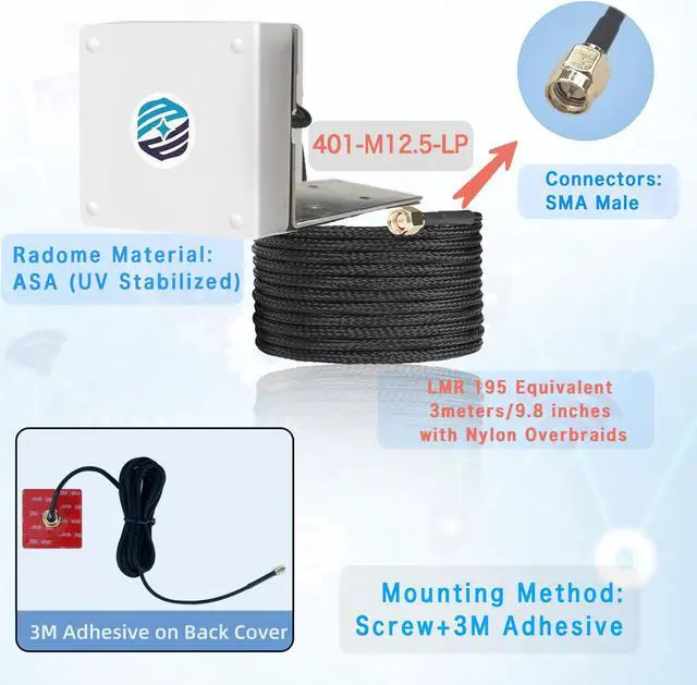Alt view image 4 of 7 - Maswell Cellular Antenna 700MHz-6000Mhz 5G 4G WiFi6 Screw And 3M Adhesive Mount UV Stabilized IP67