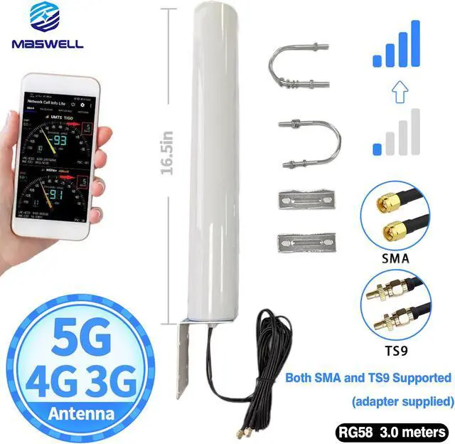 Alt view image 4 of 7 - MASWELL Cellular Antenna 5G LTE MIMO Antenna 4G 3G and GSM Screw Mount High Gain Cylinder Antenna 700-6000MHz SMA Male TS9 4G Main and AUX