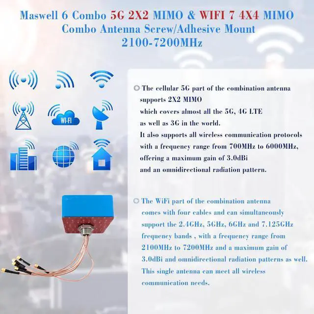 Alt view image 5 of 7 - Maswell 2X2 5G MIMO 4X4 WIFI7 Antenna Screw and Adhesive Mount 700-6000MHz