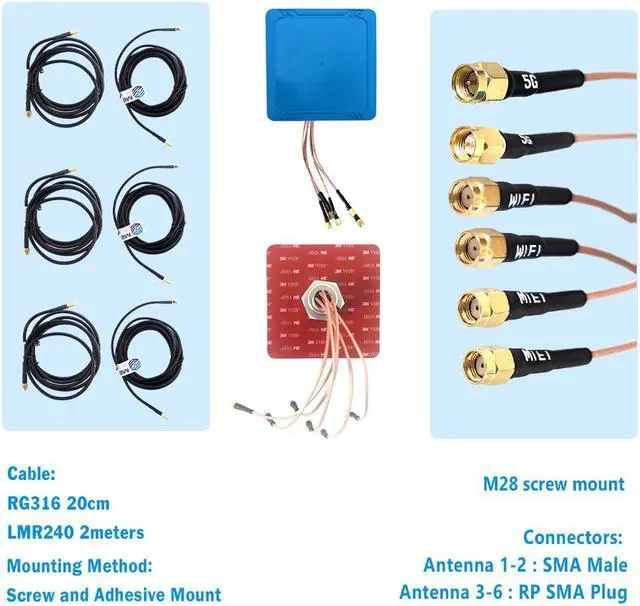 Alt view image 4 of 7 - Maswell 2X2 5G MIMO 4X4 WIFI7 Antenna Screw and Adhesive Mount 700-6000MHz