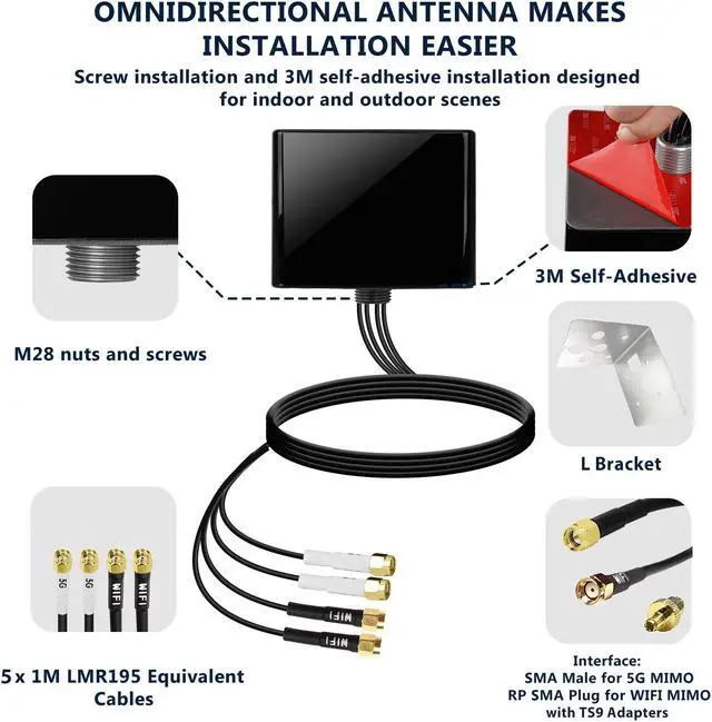 Alt view image 4 of 7 - Maswell 5G Combination Antenna 2X2 MIMO 5G, 2X2 MIMO WiFi 7 L Bracket Mount Version