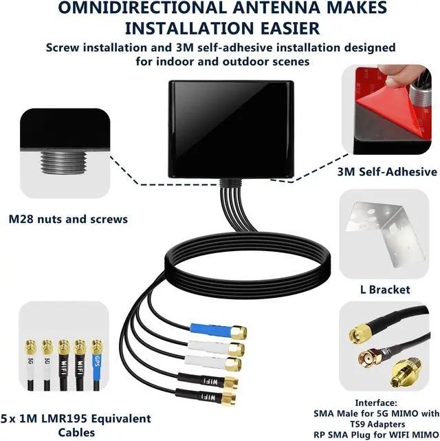 Alt view image 4 of 7 - Maswell 2X2 5G MIMO 2X2 WIFI7 and GNSS Antenna 600MHz-8.0GHz Antenna Cellular 5G 4G LTE 3G WiFi6E UWB and GSM Screw Mount and L Plate Mount Cubic Antenna SMA Male RP SMA Plug Waterproof