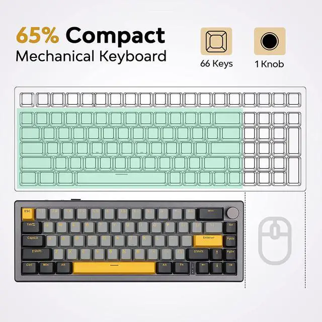 Alt view image 2 of 7 - EPOMAKER EK68 65% Gasket NKRO Hot Swappable 2.4Ghz/Bluetooth 5.0/USB-C Wired Mechanical Gaming Keyboard with Knob, South-Facing LED, 3000mAh Battery, RGB Backlight for Win/Mac (Gateron Pro Yellow)