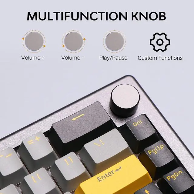 Alt view image 4 of 7 - EPOMAKER EK68 65% Gasket NKRO Hot Swappable 2.4Ghz/Bluetooth 5.0/USB-C Wired Mechanical Gaming Keyboard with Knob, South-Facing LED, 3000mAh Battery, RGB Backlight for Win/Mac (Gateron Pro Yellow)