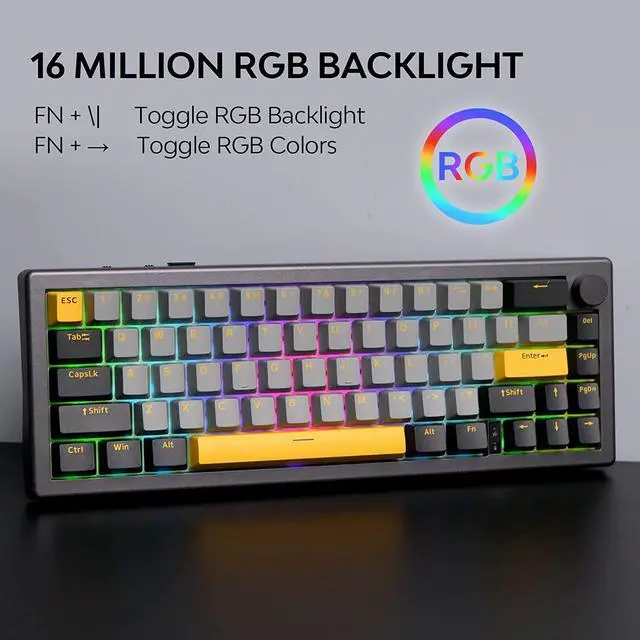Alt view image 5 of 7 - EPOMAKER EK68 65% Gasket NKRO Hot Swappable 2.4Ghz/Bluetooth 5.0/USB-C Wired Mechanical Gaming Keyboard with Knob, South-Facing LED, 3000mAh Battery, RGB Backlight for Win/Mac (Gateron Pro Yellow)