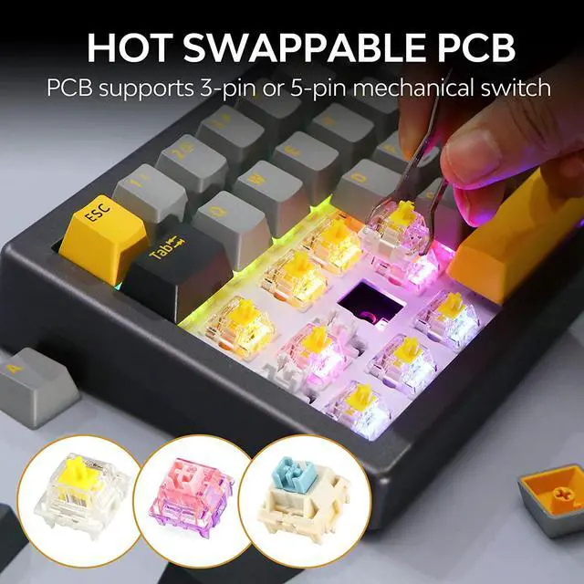 Alt view image 6 of 7 - EPOMAKER EK68 65% Gasket NKRO Hot Swappable 2.4Ghz/Bluetooth 5.0/USB-C Wired Mechanical Gaming Keyboard with Knob, South-Facing LED, 3000mAh Battery, RGB Backlight for Win/Mac (Gateron Pro Yellow)