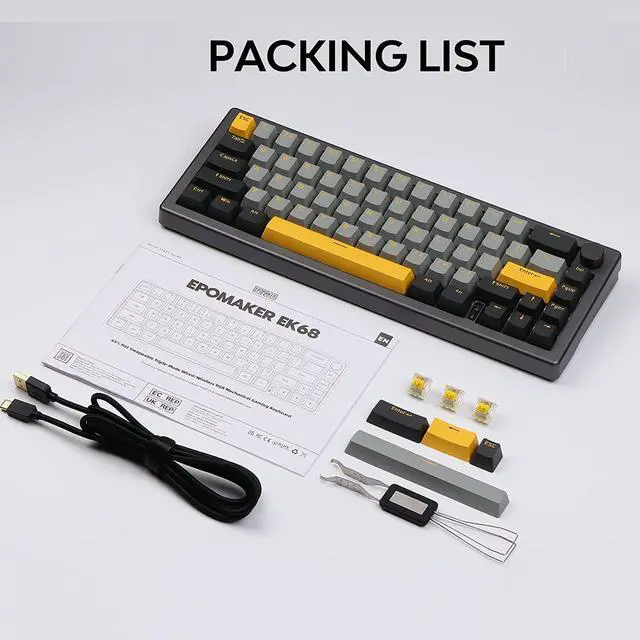Alt view image 7 of 7 - EPOMAKER EK68 65% Gasket NKRO Hot Swappable 2.4Ghz/Bluetooth 5.0/USB-C Wired Mechanical Gaming Keyboard with Knob, South-Facing LED, 3000mAh Battery, RGB Backlight for Win/Mac (Gateron Pro Yellow)