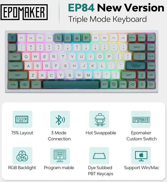 Alt view image 2 of 7 - EPOMAKER EP84 Pro Upgraded 75% RGB Hot Swappable 2.4GHz/Bluetooth 5.0/USB-C Wired Mechanical Gaming Keyboard with Programmable Software, NKRO, Dye Sublimation PBT Keycaps for Mac/Win/Gamers(Flamingo)