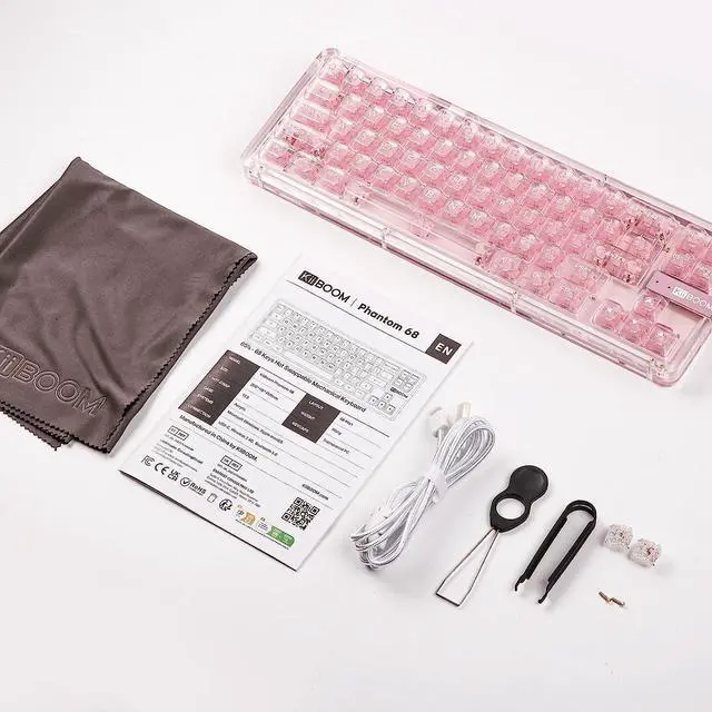Alt view image 6 of 7 - KiiBoom Phantom 68 65% Hot Swappable Crystal Gasket-Mounted Mechanical Keyboard, BT5.0/2.4GHz/USB-C Wired Wireless NKRO Gaming Keyboard with South-Facing RGB, 4000mAh Battery for Win/Mac(Pink)