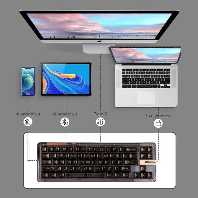 Alt view image 3 of 7 - KiiBoom Phantom 68 65% Hot Swappable Crystal Gasket-Mounted Mechanical Keyboard, BT5.0/2.4GHz/USB-C Wired Wireless NKRO Gaming Keyboard with South-Facing RGB, 4000mAh Battery for Win/Mac(Black)