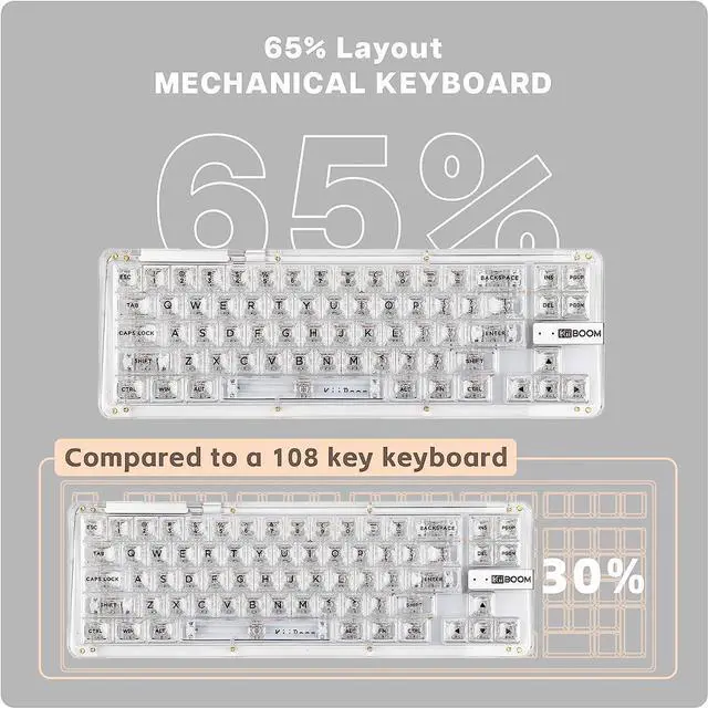 Alt view image 2 of 7 - KiiBoom Phantom 68 65% Hot Swappable Crystal Gasket-Mounted Mechanical Keyboard, BT5.0/2.4GHz/USB-C Wired Wireless NKRO Gaming Keyboard , 4000mAh Battery for Win/Mac (Transparent White)