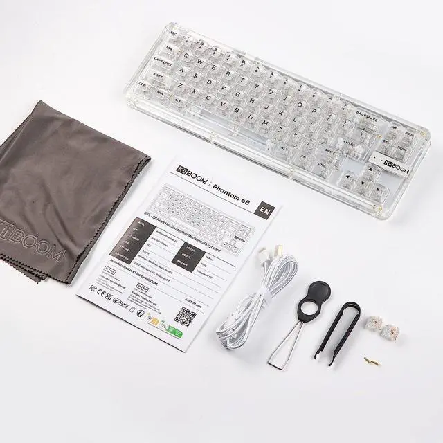 Alt view image 6 of 7 - KiiBoom Phantom 68 65% Hot Swappable Crystal Gasket-Mounted Mechanical Keyboard, BT5.0/2.4GHz/USB-C Wired Wireless NKRO Gaming Keyboard , 4000mAh Battery for Win/Mac (Transparent White)