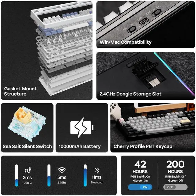 Alt view image 2 of 7 - EPOMAKER TH108 PRO Full Size Mechanical Keyboard with Screen & Knob, Wireless Gaming Keyboard with 10000mAh, Creamy Gasket, Hot Swap, Custom Driver, RGB Backlight (Black, Sea Salt Silent)