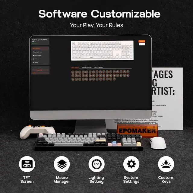 Alt view image 7 of 7 - EPOMAKER TH108 PRO Full Size Mechanical Keyboard with Screen & Knob, Wireless Gaming Keyboard with 10000mAh, Creamy Gasket, Hot Swap, Custom Driver, RGB Backlight (Black, Sea Salt Silent)
