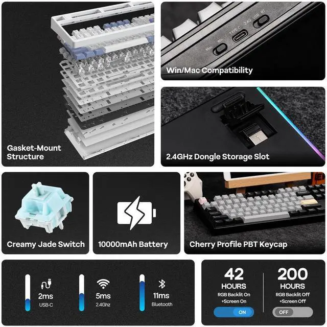 Alt view image 2 of 7 - EPOMAKER TH108 PRO Full Size Mechanical Keyboard with Screen & Knob, Wireless Gaming Keyboard with 10000mAh, Creamy Gasket, Hot Swap, Custom Driver, RGB Backlight (Black, Creamy Jade)