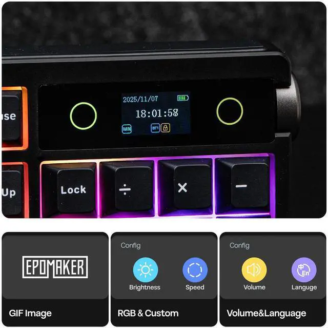 Alt view image 3 of 7 - EPOMAKER TH108 PRO Full Size Mechanical Keyboard with Screen & Knob, Wireless Gaming Keyboard with 10000mAh, Creamy Gasket, Hot Swap, Custom Driver, RGB Backlight (Black, Creamy Jade)