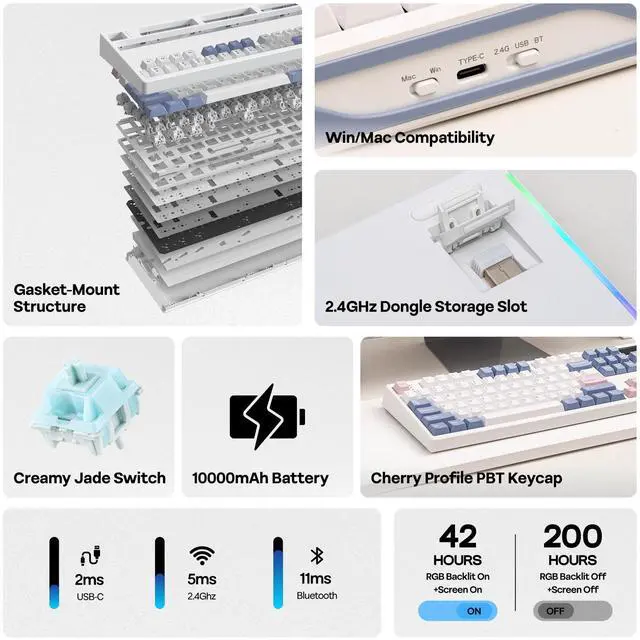 Alt view image 2 of 7 - EPOMAKER TH108 PRO Full Size Mechanical Keyboard with Screen & Knob, Wireless Gaming Keyboard with 10000mAh, Creamy Gasket, Hot Swap, Custom Driver, RGB Backlight (White, Creamy Jade)