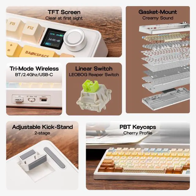 Alt view image 2 of 7 - EPOMAKER X Aula F75 MAX Wireless Mechanical Keyboard with TFT Screen and Knob, Gasket Keyboard in 75% Layout, Hot Swappable Gaming Keyboard for PC/Mac/Linux (Caramel)