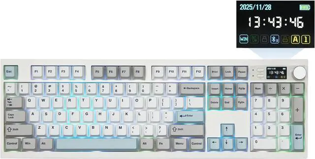 Main image of EPOMAKER QK108 Full Size Mechanical Keyboard with Screen & Knob, 8000mAh, QMK/VIA, Creamy&Thocky, Gasket, RGB Backlit, Mac Keycap, Wireless Gaming Keyboard (White Cyan, Wisteria Linear Switch)