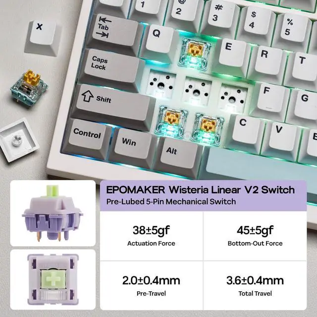 Alt view image 6 of 7 - EPOMAKER QK108 Full Size Mechanical Keyboard with Screen & Knob, 8000mAh, QMK/VIA, Creamy&Thocky, Gasket, RGB Backlit, Mac Keycap, Wireless Gaming Keyboard (White Cyan, Wisteria Linear Switch)