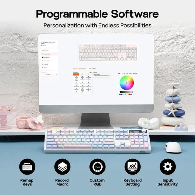 Alt view image 7 of 7 - EPOMAKER TH108 V2 PRO Full Size Mechanical Keyboard with Screen&Knob, 10000mAh, BT/2.4Ghz, Mac Modifier PBT Keycap, Hot Swap, RGB, Gasket, Wireless Gaming Keyboard for Mac/PC (Blue, Creamy Jade)