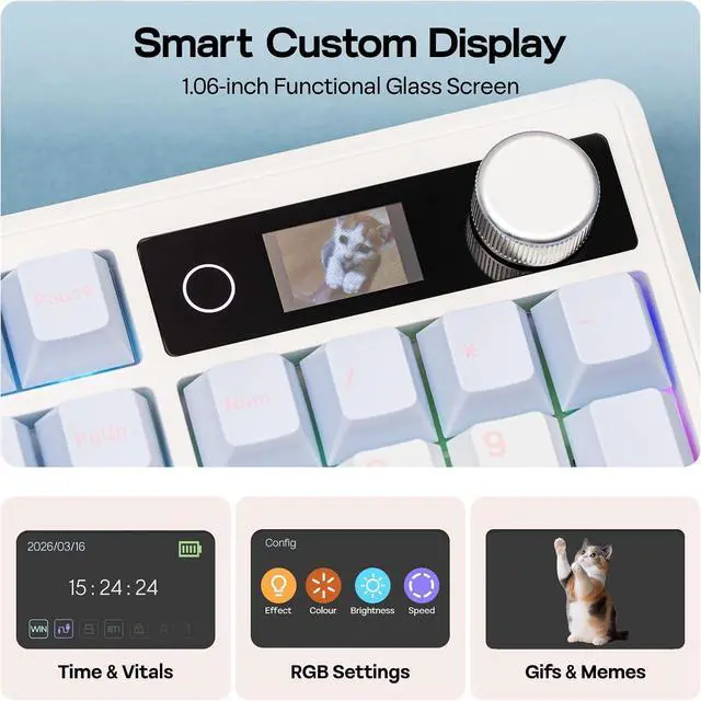 Alt view image 3 of 7 - EPOMAKER TH108 V2 PRO Full Size Mechanical Keyboard with Screen&Knob, 10000mAh, BT/2.4Ghz, Mac Modifier PBT Keycap, Hot Swap, RGB, Gasket, Wireless Gaming Keyboard for Mac/PC (Blue, Creamy Jade)