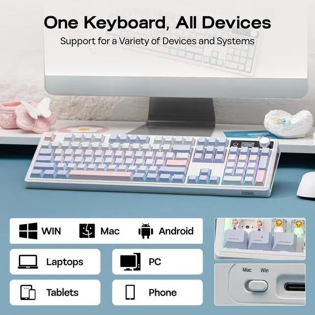 Alt view image 6 of 7 - EPOMAKER TH108 V2 PRO Full Size Mechanical Keyboard with Screen&Knob, 10000mAh, BT/2.4Ghz, Mac Modifier PBT Keycap, Hot Swap, RGB, Gasket, Wireless Gaming Keyboard for Mac/PC (Blue, Creamy Jade)
