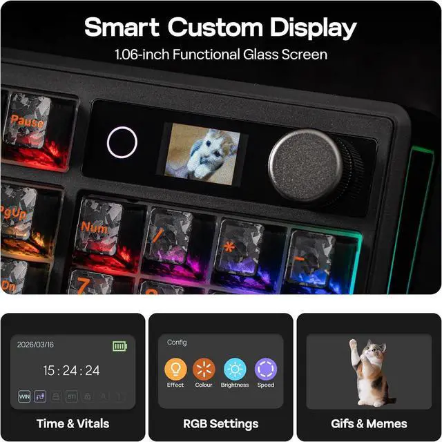 Alt view image 3 of 7 - EPOMAKER TH108 V2 PRO Full Size Mechanical Keyboard with Screen&Knob, 10000mAh, BT/2.4Ghz, Mac Modifier PBT Keycap, Hot Swap, RGB, Gasket, Wireless Gaming Keyboard for Mac/PC (Black, Creamy Jade)