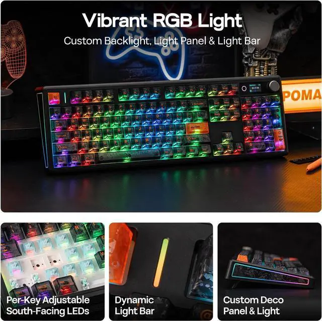 Alt view image 4 of 7 - EPOMAKER TH108 V2 PRO Full Size Mechanical Keyboard with Screen&Knob, 10000mAh, BT/2.4Ghz, Mac Modifier PBT Keycap, Hot Swap, RGB, Gasket, Wireless Gaming Keyboard for Mac/PC (Black, Creamy Jade)