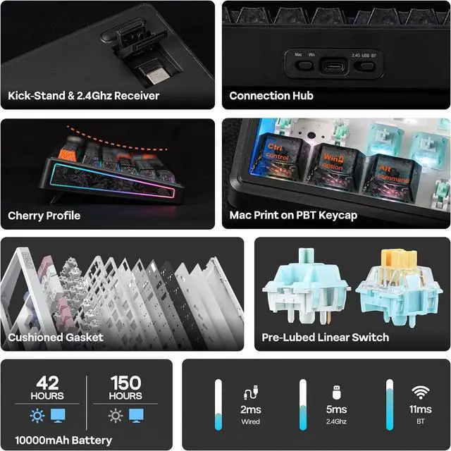 Alt view image 2 of 7 - EPOMAKER TH108 V2 PRO Full Size Mechanical Keyboard with Screen&Knob, 10000mAh, BT/2.4Ghz, Mac Modifier PBT Keycap, Hot Swap, RGB, Gasket, Wireless Gaming Keyboard for Mac/PC (Black, Creamy Jade)