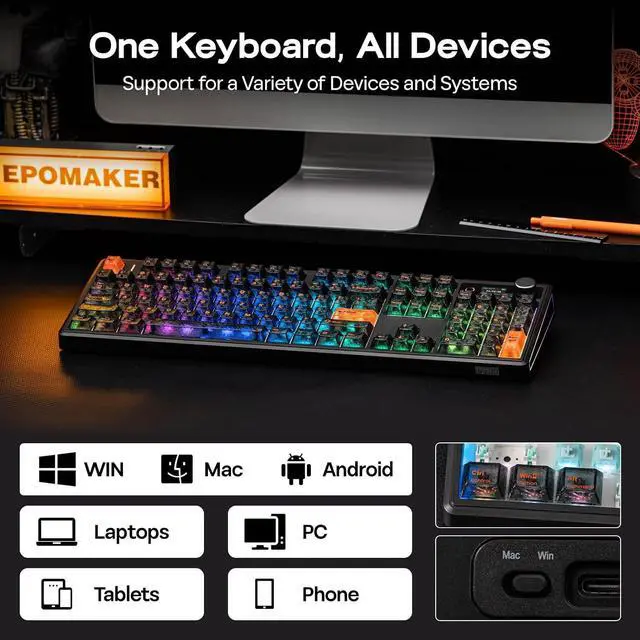 Alt view image 6 of 7 - EPOMAKER TH108 V2 PRO Full Size Mechanical Keyboard with Screen&Knob, 10000mAh, BT/2.4Ghz, Mac Modifier PBT Keycap, Hot Swap, RGB, Gasket, Wireless Gaming Keyboard for Mac/PC (Black, Creamy Jade)