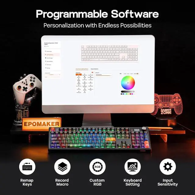 Alt view image 7 of 7 - EPOMAKER TH108 V2 PRO Full Size Mechanical Keyboard with Screen&Knob, 10000mAh, BT/2.4Ghz, Mac Modifier PBT Keycap, Hot Swap, RGB, Gasket, Wireless Gaming Keyboard for Mac/PC (Black, Creamy Jade)