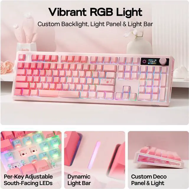Alt view image 4 of 7 - EPOMAKER TH108 V2 PRO Full Size Mechanical Keyboard with Screen&Knob, 10000mAh, BT/2.4Ghz, Mac Modifier PBT Keycap, Hot Swap, RGB, Gasket, Wireless Gaming Keyboard for Mac/PC (Pink, Creamy Jade)