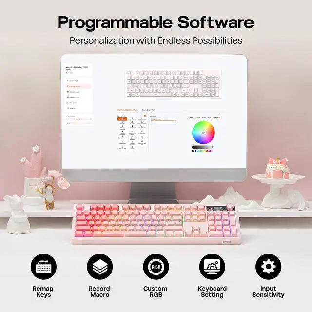 Alt view image 7 of 7 - EPOMAKER TH108 V2 PRO Full Size Mechanical Keyboard with Screen&Knob, 10000mAh, BT/2.4Ghz, Mac Modifier PBT Keycap, Hot Swap, RGB, Gasket, Wireless Gaming Keyboard for Mac/PC (Pink, Creamy Jade)