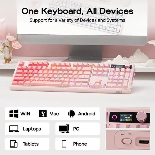 Alt view image 6 of 7 - EPOMAKER TH108 V2 PRO Full Size Mechanical Keyboard with Screen&Knob, 10000mAh, BT/2.4Ghz, Mac Modifier PBT Keycap, Hot Swap, RGB, Gasket, Wireless Gaming Keyboard for Mac/PC (Pink, Creamy Jade)